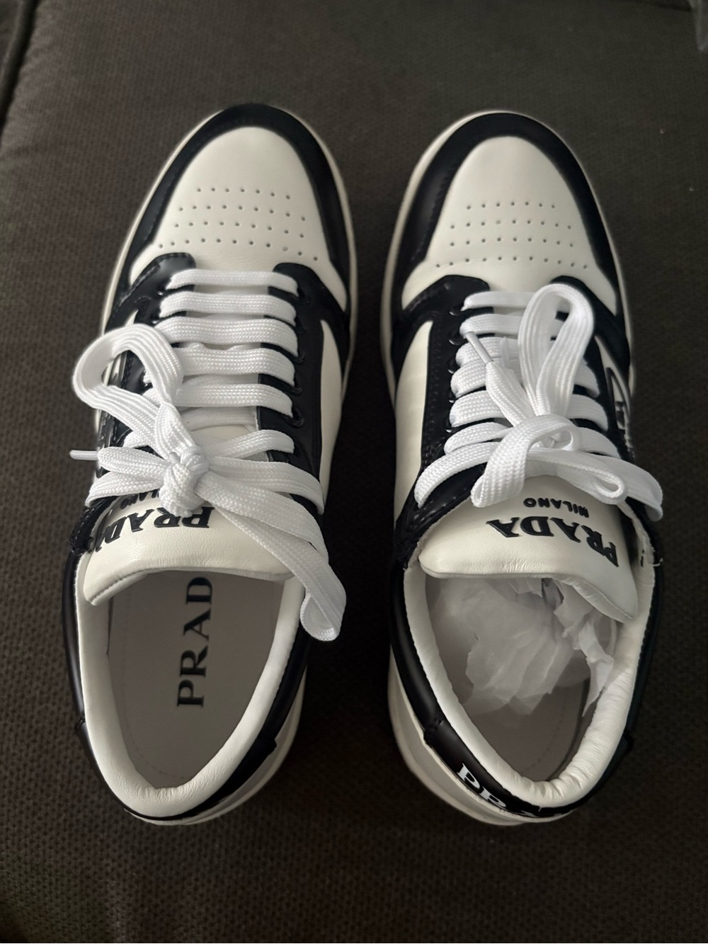 Prada White and Black Leather Low-Top Sneakers
